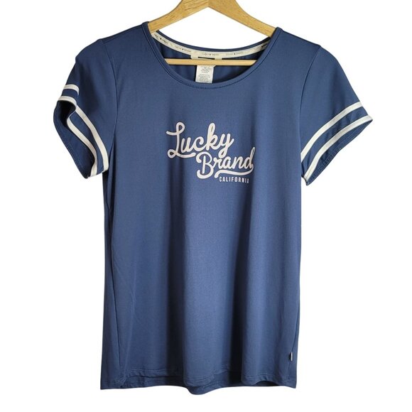 Lucky Brand 2 Piece Pajama Set Blue Gray Small Short Sleeve Top Long Pants Stars - Picture 2 of 10